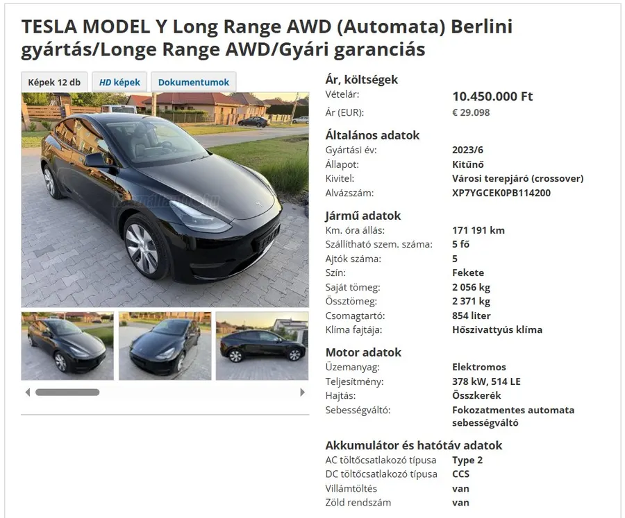 Profi használtautó-hirdetés példája egy Tesla Model Y-ról
